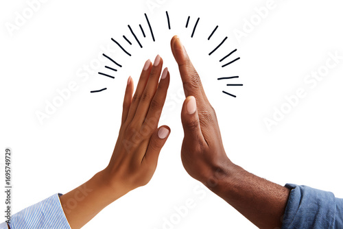 Diverse hands high fiving, symbolizing achievement and collaboration.