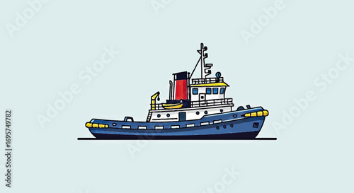 A sturdy blue tugboat illustration, ready for maritime work and port assistance, showcasing an iconic vessel used in various water transportation and towing operations