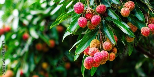 Fototapeta Naklejka Na Ścianę i Meble -  Vibrant lychee fruits ripen on a tree, showcasing the bounty of a summer harvest season.