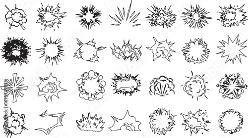 explosion, impact, comic book, style, graphics, collection, set, burst, boom, pow, bang, sound effect, graphic design, illustration, action, energy, abstract, shapes, lines, black and white, vector, g