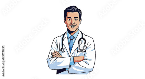 Friendly cartoon male doctor with a stethoscope, a confident medical practitioner smiling with arms crossed. Vector illustration of a healthcare professional isolated on a white background