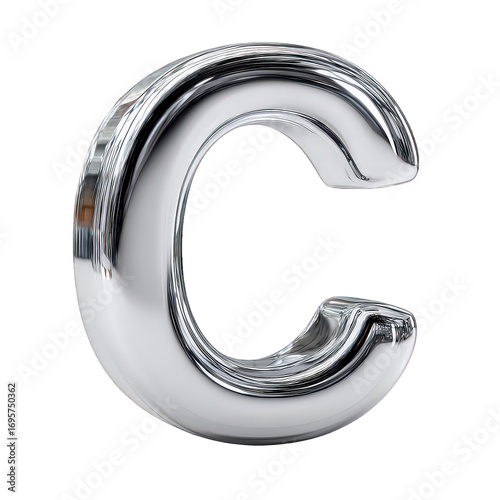 Silver Metallic Letter C 3D Render on Transparent Background