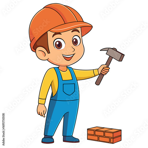 Smiling boy wearing a helmet holding hammer standing near bricks on white background
