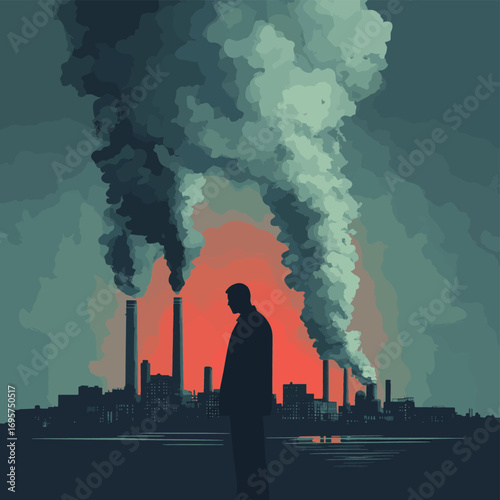 Upset man silhouette over air pollution from industrial factory smoke