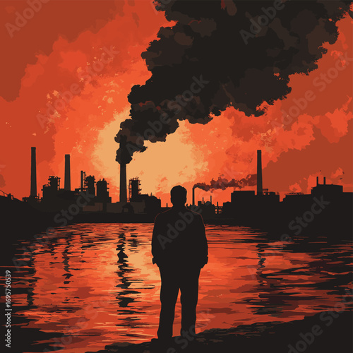 Upset man silhouette over air pollution from industrial factory smoke