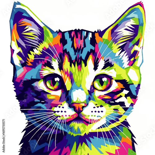 A striking and vividly colored illustration of a cute kitten's face, rendered in a modern pop art style with a kaleidoscope of bright hues and abstract geometric patterns