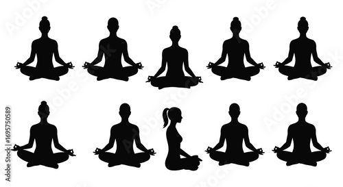 meditation poses arranged in grid pattern silhouette