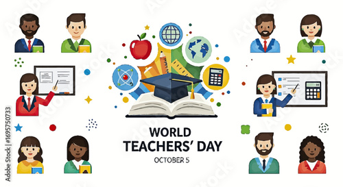 A tribute to the teaching profession featuring a diverse set of educator portraits and various academic symbols of learning