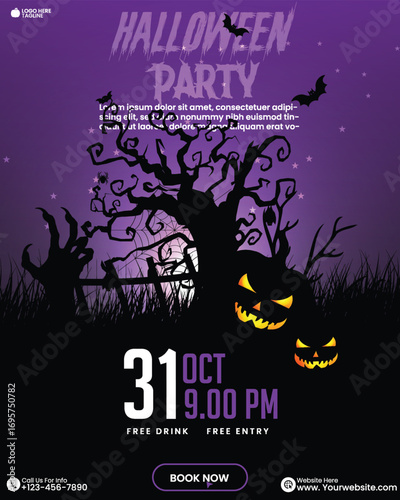 Purple color Happy Halloween party celebration poster design template with pumpkins, bats, and ghosts. Editable Halloween Invitation Template with Pumpkins and Bats. Halloween background. 