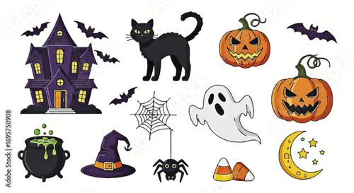 A vibrant collection of classic Halloween clip art illustrations featuring a haunted house, black cat, ghost, and jack-o-lanterns