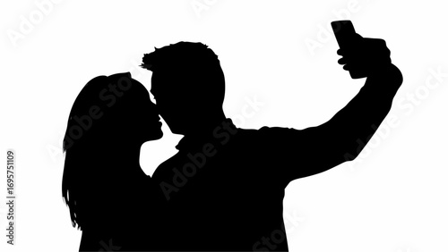 Silhouette of a couple taking a selfie together with a phone against a white background in a studio shot | editable eps vectors