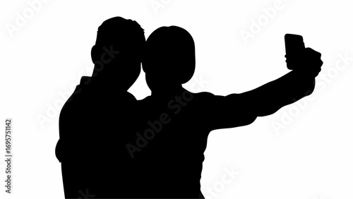 Silhouette of couple taking a selfie with a mobile phone against a white background in a studio shot | editable eps vectors