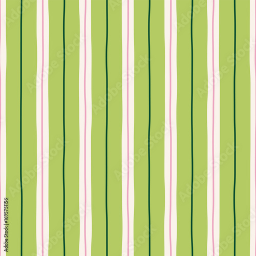 Abstract modern seamless summer colorful geometric pattern of vertical green and pink thick and thin curved stripes on white background, hand-drawn vector illustration, drawing, flat style