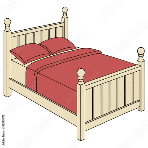 Red bedspread and pillows adorn a light tan bed frame in a image