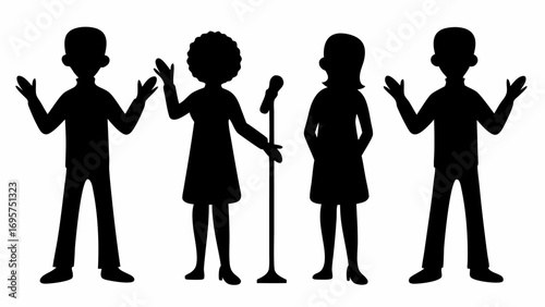 Silhouette illustration of four people standing with a microphone on a white background stage presence | editable eps vectors