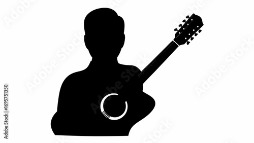 Silhouette of a person playing a guitar with visible tuning pegs and sound hole in black and white art | editable eps vectors