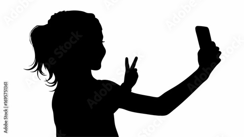 Silhouette of a young woman taking a selfie with a phone and making a peace sign with her hand pose | editable eps vectors