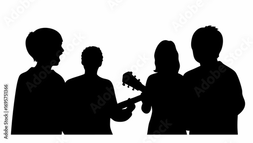 Silhouette of four people one singing one playing guitar and two listening in black and white image | editable eps vectors