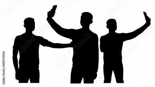 Silhouette of three men taking selfies with their smartphones against a white background in a studio shot | editable eps vectors