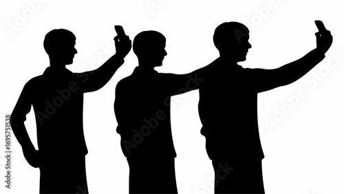 Three silhouette figures taking selfies with their phones in a row against a white background scene view | editable eps vectors