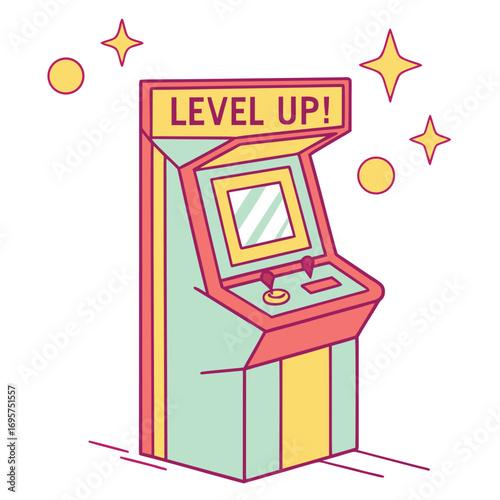 Colorful retro arcade machine says Level Up with shapes on a transparent background