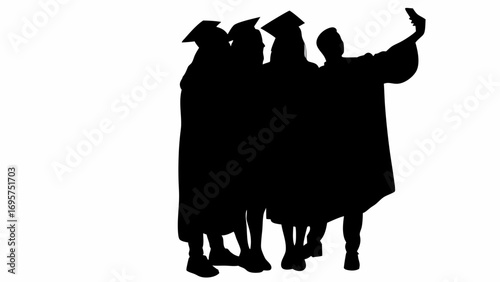 Silhouette of graduates taking a selfie together in gowns and caps against a white background scene view | editable eps vectors
