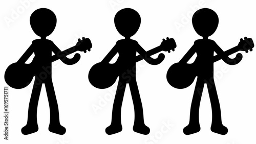 Three silhouettes of stick figures playing guitars in a row on a white background in a simple style | editable eps vectors