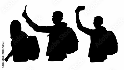Silhouette of three people with backpacks taking selfies with their smartphones on a white background | editable eps vectors