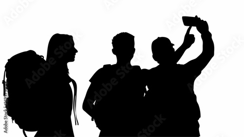 Silhouette of three people: a woman with a backpack and two others taking a selfie with a smartphone | editable eps vectors