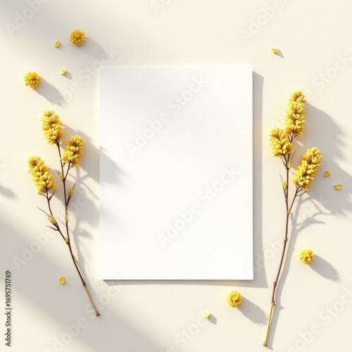 A blank white card surrounded by delicate yellow flowers on a light beige surface with soft lighting invitation card mockup