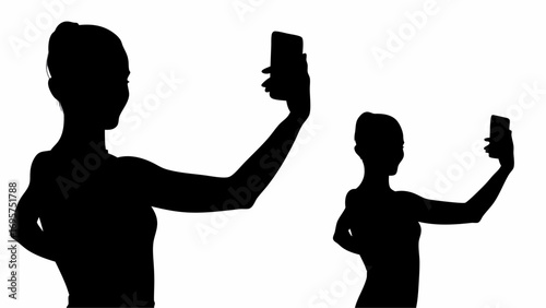 Silhouette of two women taking selfies with their phones against a white background in a studio shot | editable eps vectors