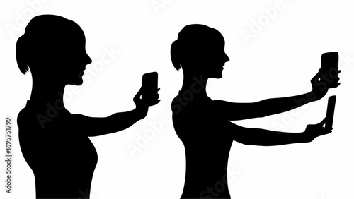 Silhouette of two women taking selfies with their smartphones against a white background in a studio shot | editable eps vectors