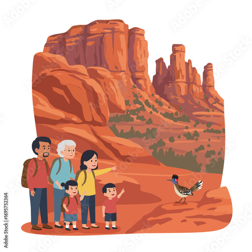 Vector Illustration: Happy Multi-Generational Family Discovering Iconic Wildlife in the American Southwest Desert Landscape