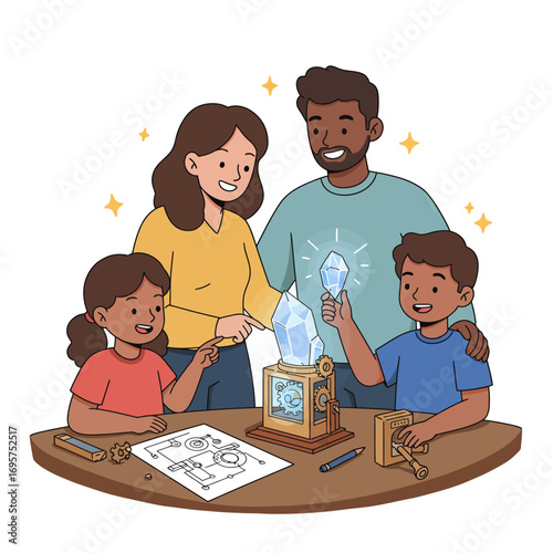 Sparking Curiosity: Diverse Family's STEM Discovery and Collaborative Innovation Vector Illustration