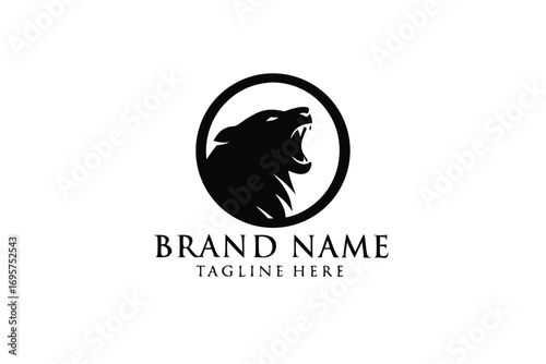 Roaring Bear Silhouette in Circle, Aggressive Wild Animal, Mascot on White Background