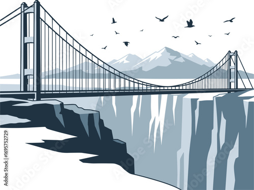 Engineering Marvel Canyon Suspension Bridge with Birds and Clouds
