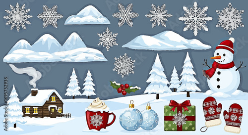 A charming collection of isolated winter and Christmas holiday design elements, featuring a snowman, cozy cabin, and decorative snowflakes