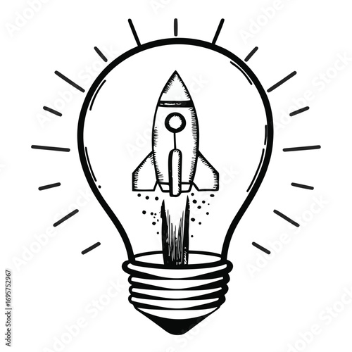 Rocket Launching in a Light Bulb on White Background, Startup Idea Concept