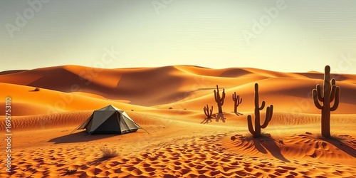 Sun-baked sand dunes surround a desert campsite, tent pitched amidst cacti, camp, nature