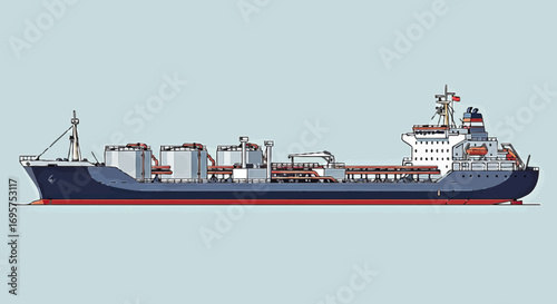 Side view of a large oil tanker ship navigating the ocean for cargo transportation