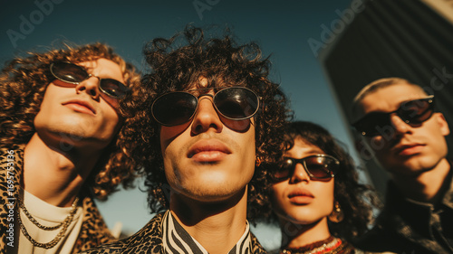 Group of stylish young adults in sunglasses posing confidently under the sun, exuding bold, modern fashion and a cool urban attitude.