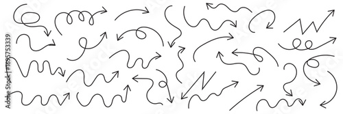 scribble illustration doodle arrow shape set. And drawn style with brush stroke.