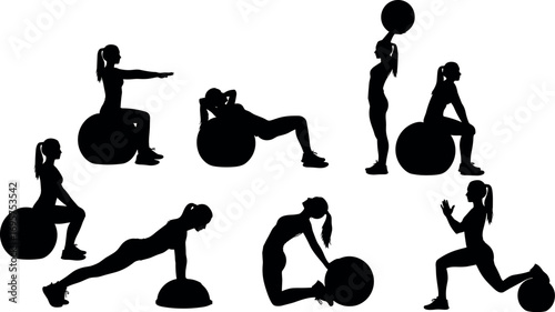 Fitness silhouettes diverse exercise poses with stability balls and weights for workout inspiration