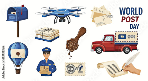 World Post Day Delivery Mail, Drone, and Classic Truck for Express Service