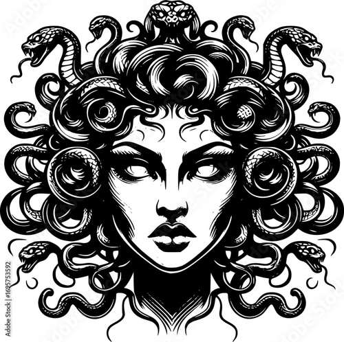 Minimalist black and white vector icon of Medusa's head with clean lines. Modern, simple, scalable design for stickers, logos, or digital use.