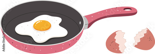 a pink frying pan with sunny side up egg and broken shells
