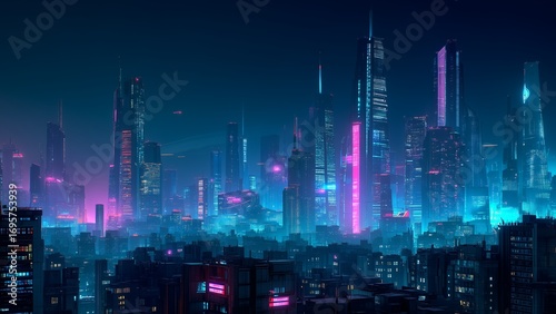 Futuristic cyberpunk city skyline with neon lights