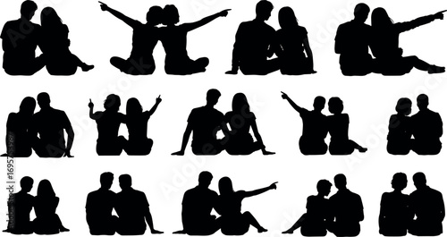Silhouettes of couples in various romantic poses sitting together for romantic occasions