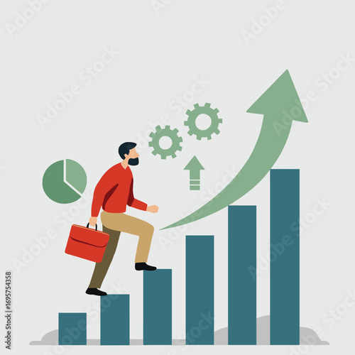 Business Growth and Successflat art, Career Progression illustration, Path to Achievement image, Climbing the Ladder of Success conception, Strategic Business Development