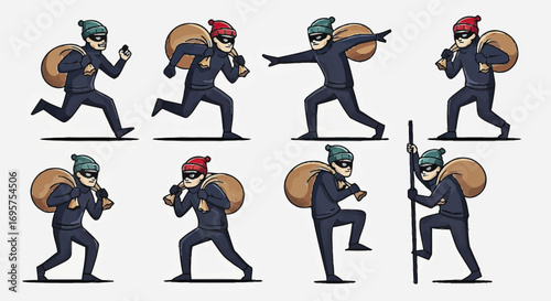 Collection of cartoon thieves in various poses, carrying sacks of stolen goods, illustrative representations of crime and theft
